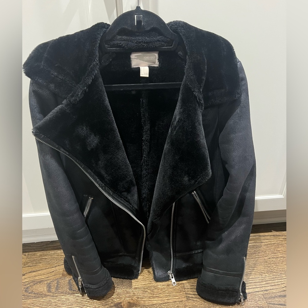Faux fur and suede moto jacket